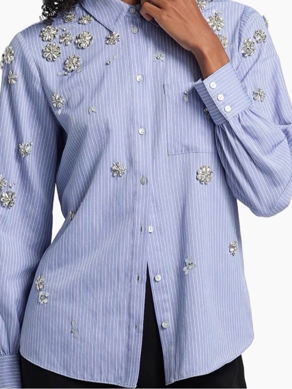 Cinq á Sept Blue & White Stripe Tie-Front Shirt with Silver
Floral Embellishment